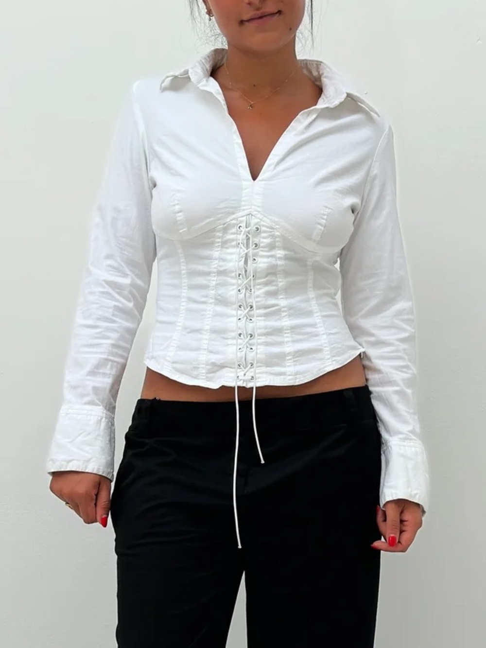 Vintage Corset Style White Long Sleeve Blouse Top with Side Zipper